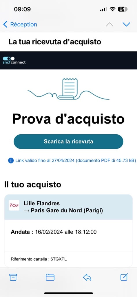 Schermata che mostra l'e-mail utilizzata per scaricare la prova d'acquisto 